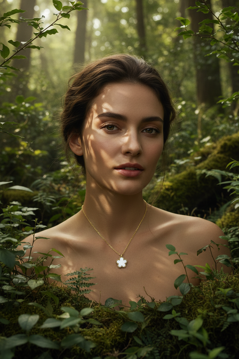 Woman in forest wearing White Flower Necklace