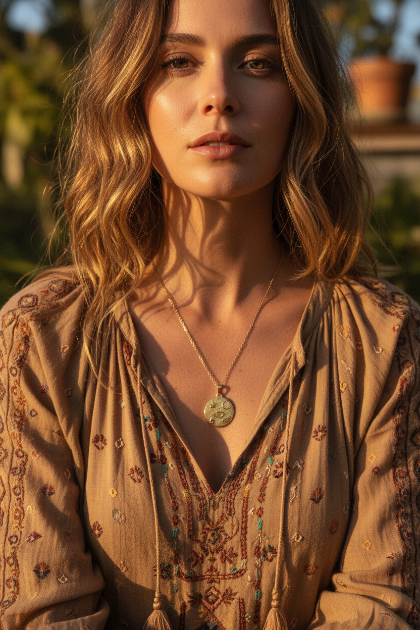 Woman in hippie clothing wearing evil eye necklace
