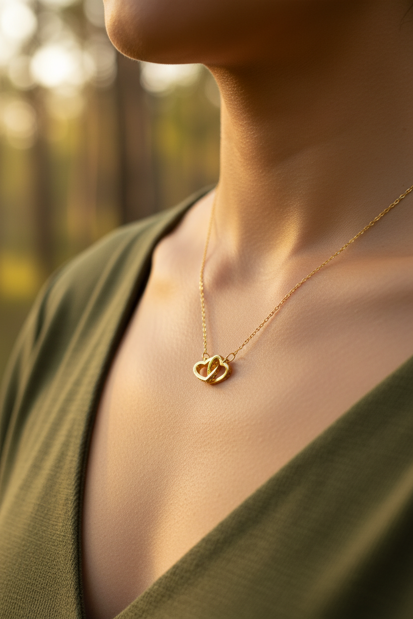 Woman wearing interlocking hearts necklace