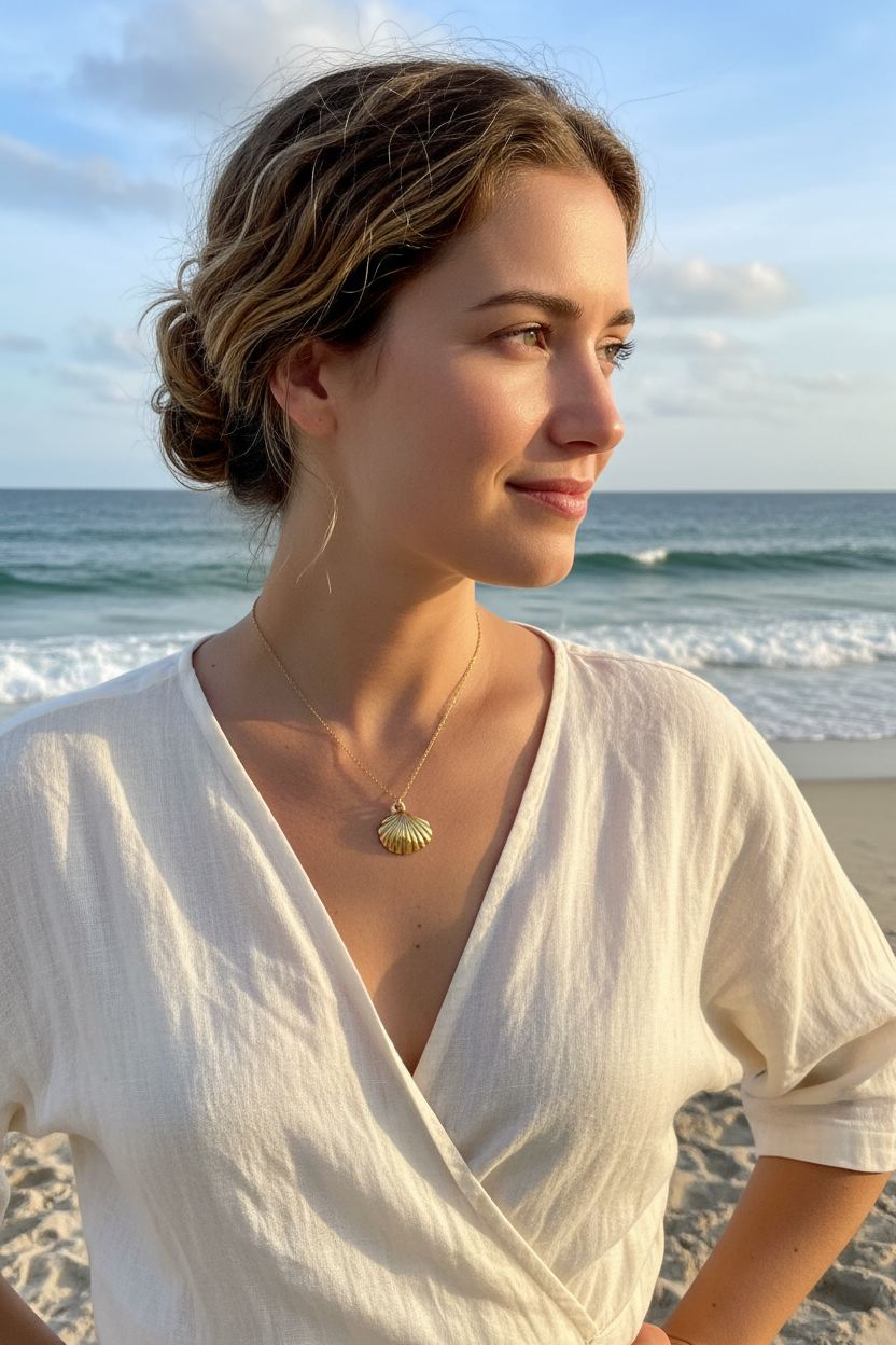Woman wearing shell necklace at the beach