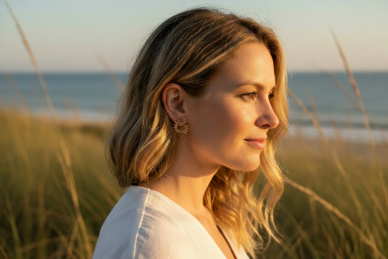 Woman wearing sunburst hoop earrings - opposite side
