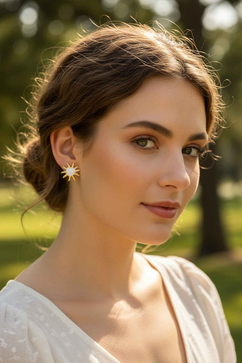 Woman wearing White Sun Stud Earrings